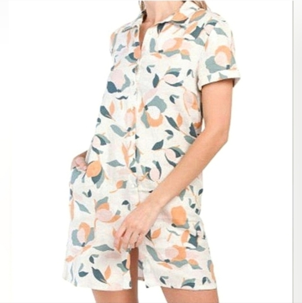 Rachel Zoe 100% Linen Floral Button Up Shirt Dress Pockets Lightweight Size M